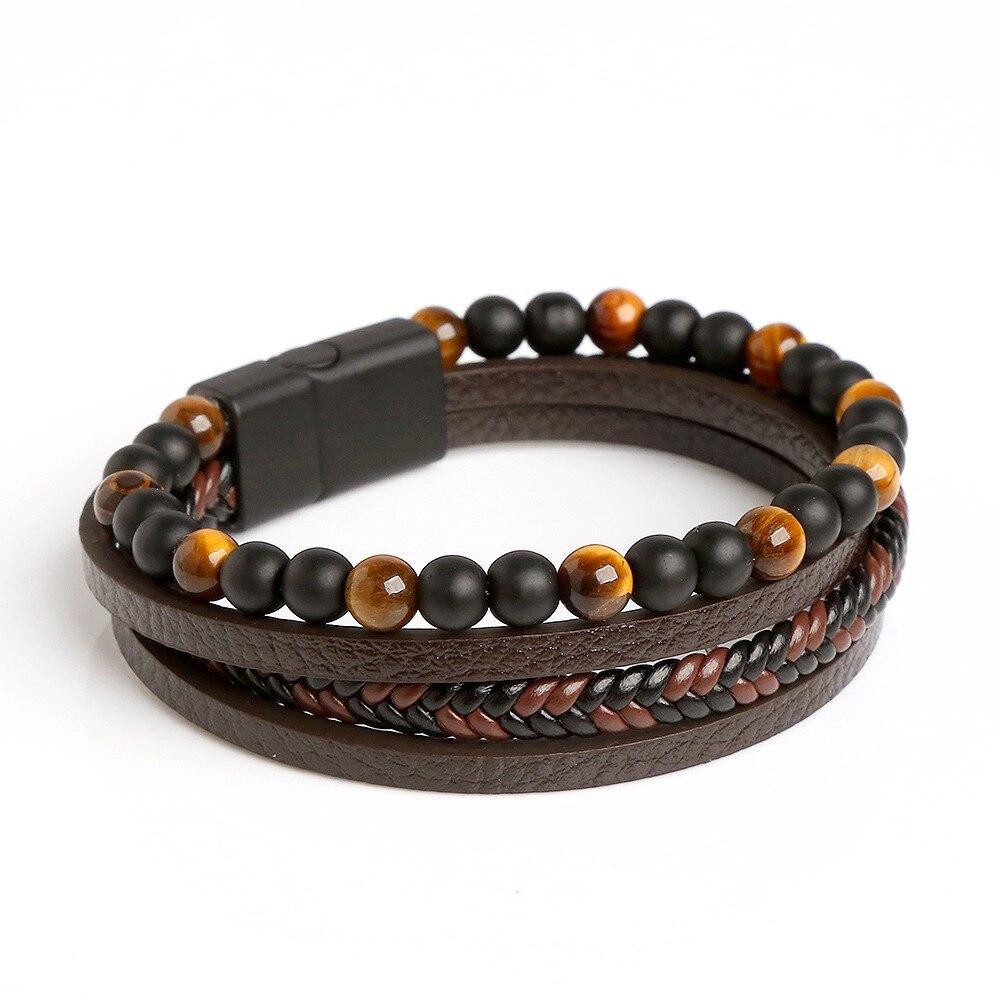 Men Leather Bracelet Classic Fashion Tiger Eye Beaded Multi Layer Leather Bracelet For Men Zircon Gift