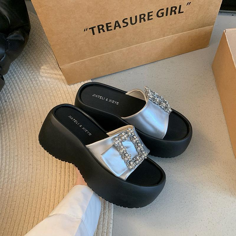 Thick-bottomed Rhinestone Buckle Sandals Women's Imitation Leather Wedge Heel Hairpin Drag Versatile Muffin Bottom Cool Slippers Waterproof Table One-