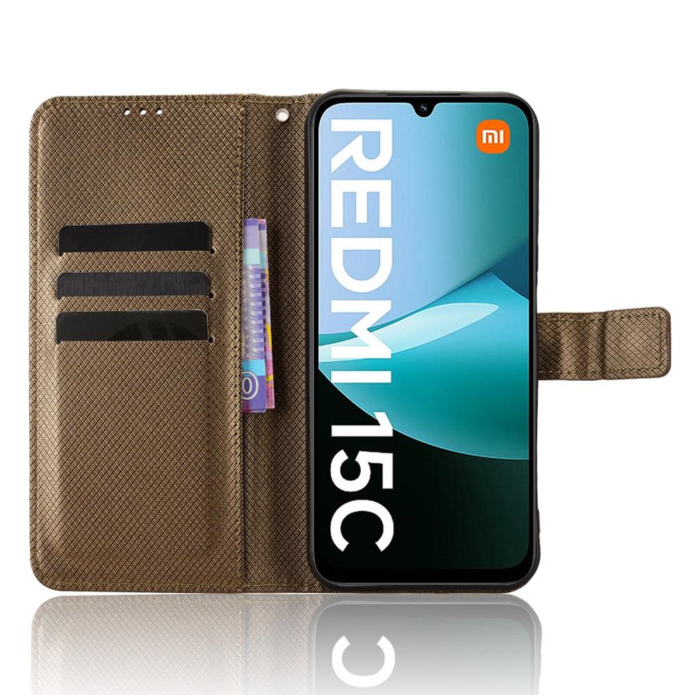 For Xiaomi Redmi 15C 4G (Global) (171mm)/Poco C85 4G (171mm) Leather Wallet Case with Strap Diamond Texture Phone Cover