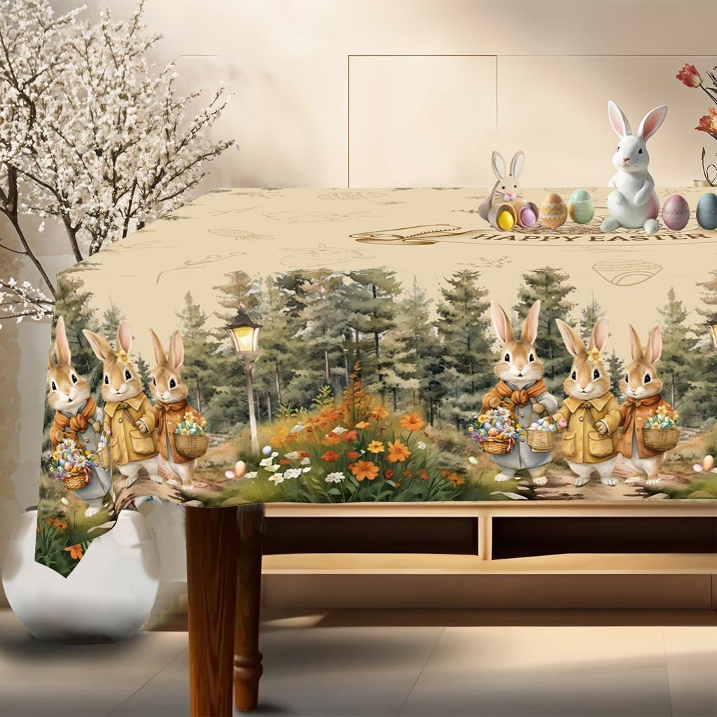 Vintage Easter Bunny Tablecloth Rabbit Eggs Flower Table Flag Cover Happy Easter Decoration For Home Kitchen Dining Table Decor