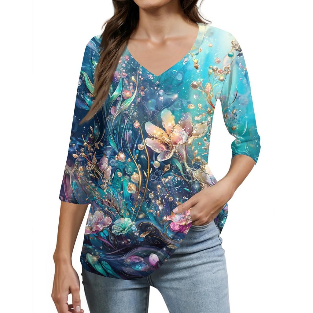 Women's Tops Three-quarter Sleeve Shirt V-neck Loose Casual Shirt Print T-shirt