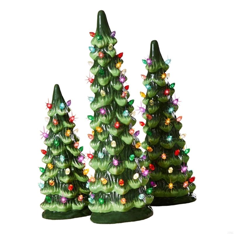 Ceramic Christmas Trees, Pre-Lit Hand-Painted Tabletop Holiday Decoration w/Multicolor Bulbs, LED Lights – Green J0MC