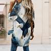 Women Plus Size Lapel Long Sleeve Button Shirt Dress Red Blue Swirl Star Print Irregular Back Hem Tunic Dress