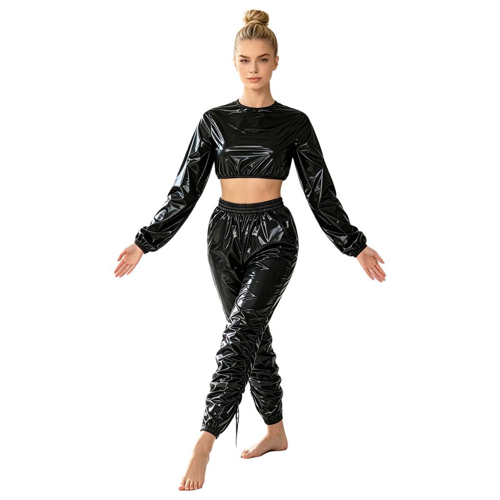 Waterproof Vinyl Long Sleeve Crop Top and Elastic Waist Capri Pants Set with Back Zipper Side Drawstrings for Women Fitness Workout