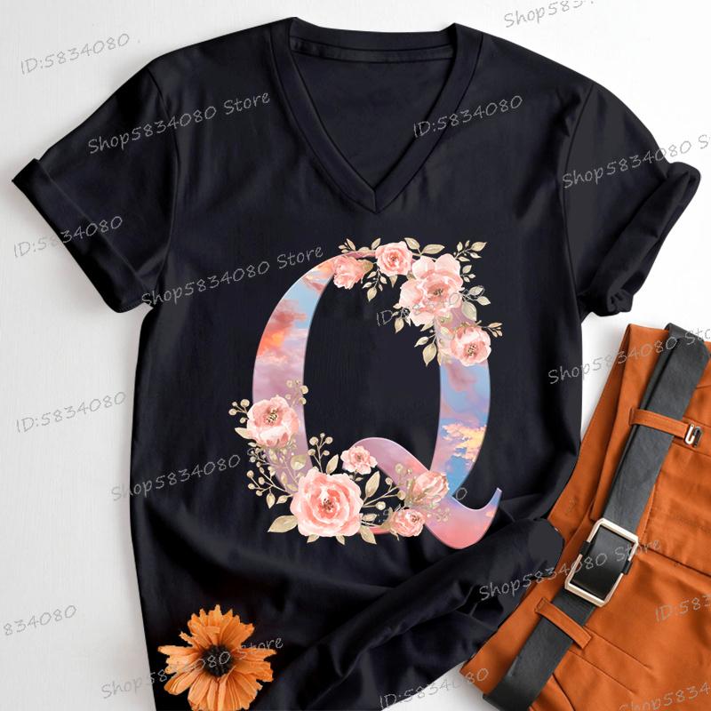 Womens Clothing Pink Flower Alphabet Classic Top Sky Alphabet Cartoon Tshirt FeUnisex Floral Letters A B C D Birthday Gift Shirt