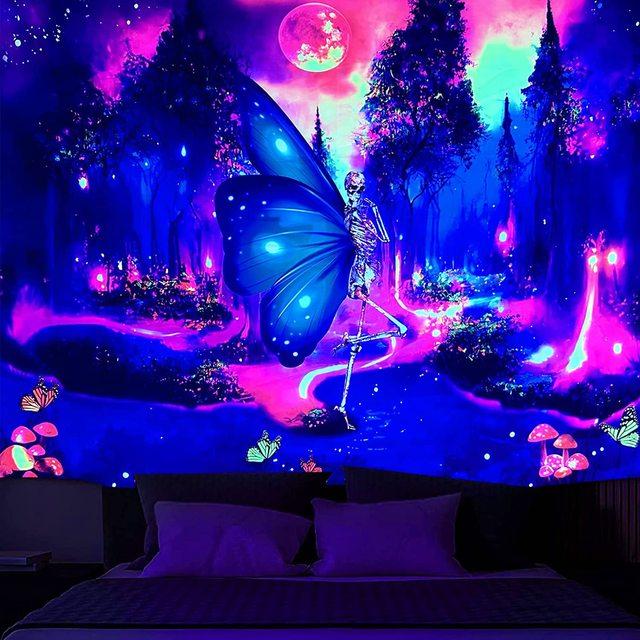 Blacklight Череп Гобелен Фэнтези Лес Черный Свет Гобелены Триповый Скелет УФ-гобелен — фото 7