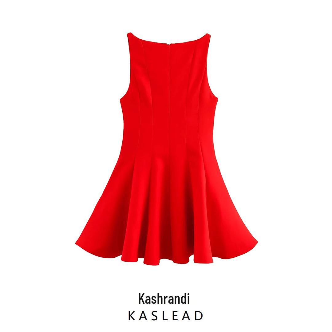

2025 Spring Women s European & American Style Wide-Hem Short Dress XS красный