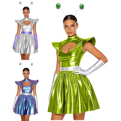 S-3XL Shiny Space Role Play Dress for Women, Alien Astronaut Halloween Costume with Gloves & Hair Loop, Sexy Cutout Neck