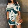 Women Plus Size Off Shoulder Short Sleeve Green Beige Abstract Printed Loose Fit Romper With Side Pockets