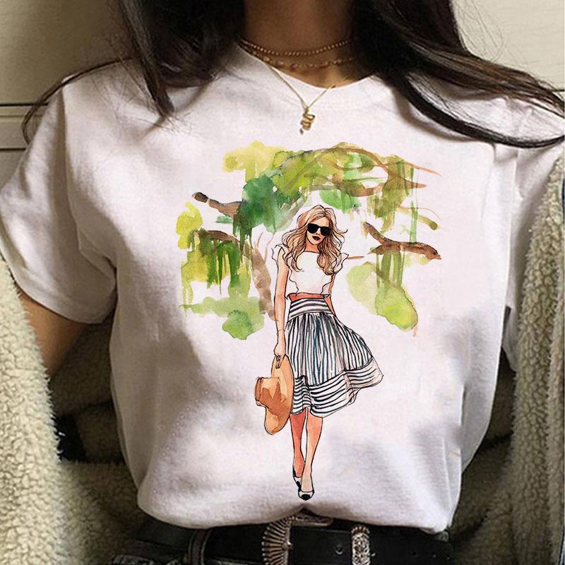Summer Women T Shirt Casual Tops Tee White Short Sleeve T Shirt Woman Holiday Leisure Printed Printed Harajuku Lady T-Shirt Clo