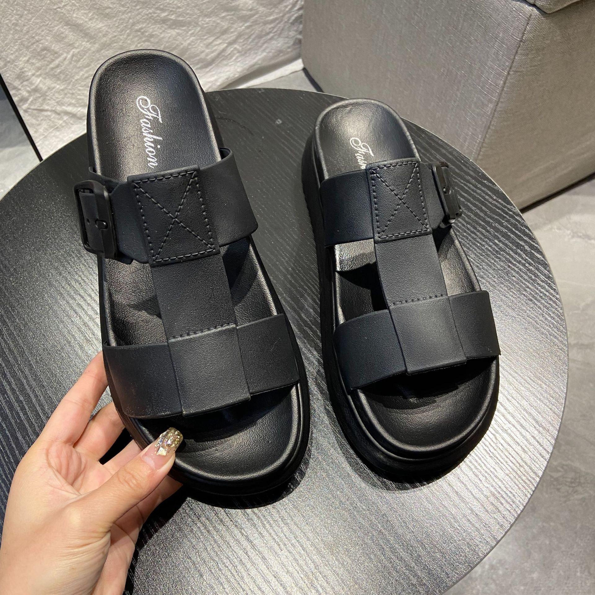 

Летние женские тапочки на плоской подошве, модные римские пляжные сандалии, студенты носят тапочки в форме буквы I на толстой подошве, производители 39 чёрный