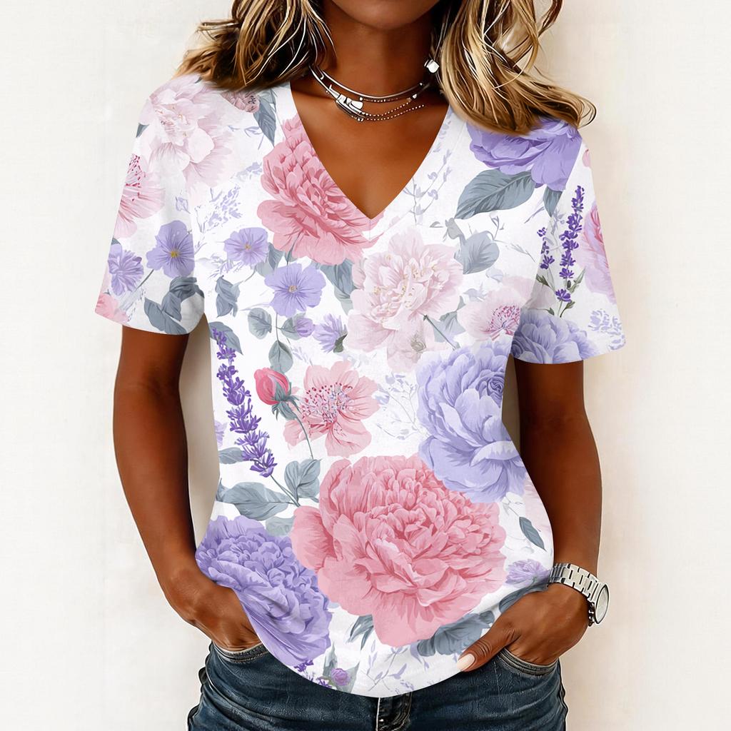 Women's fashionable casual short-sleeved floral print V-neck pullover top