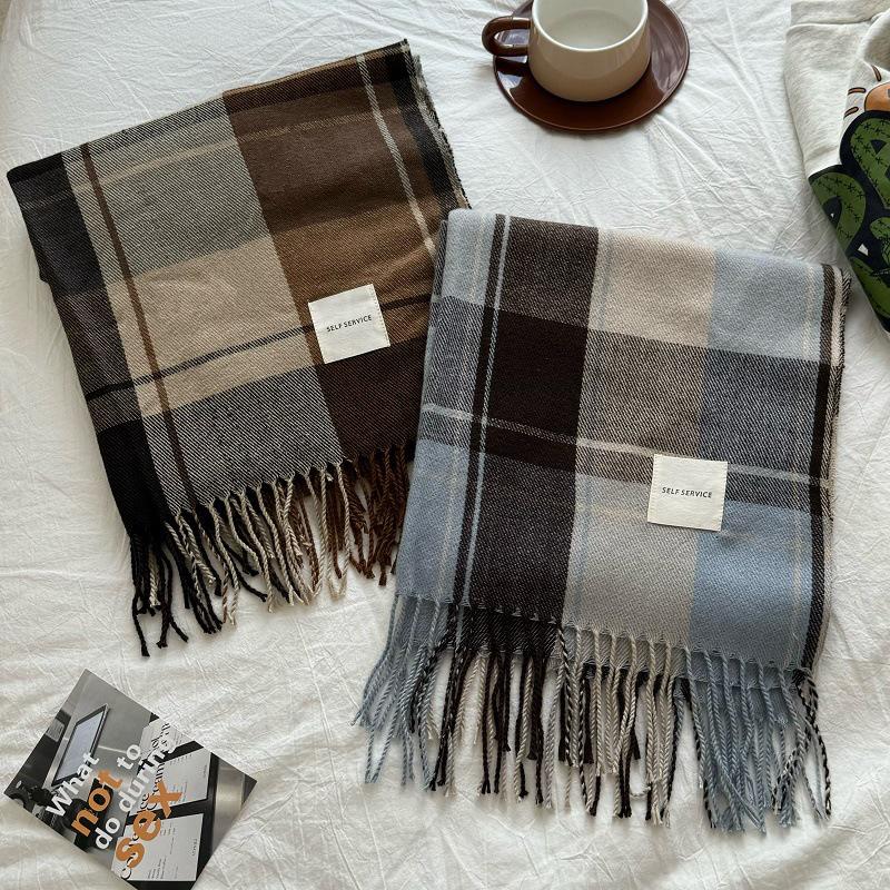 Korean Style Tassel Thick Thermal Scarf Women Winter Plaid Print Long Warm Shawl Costume Accessories