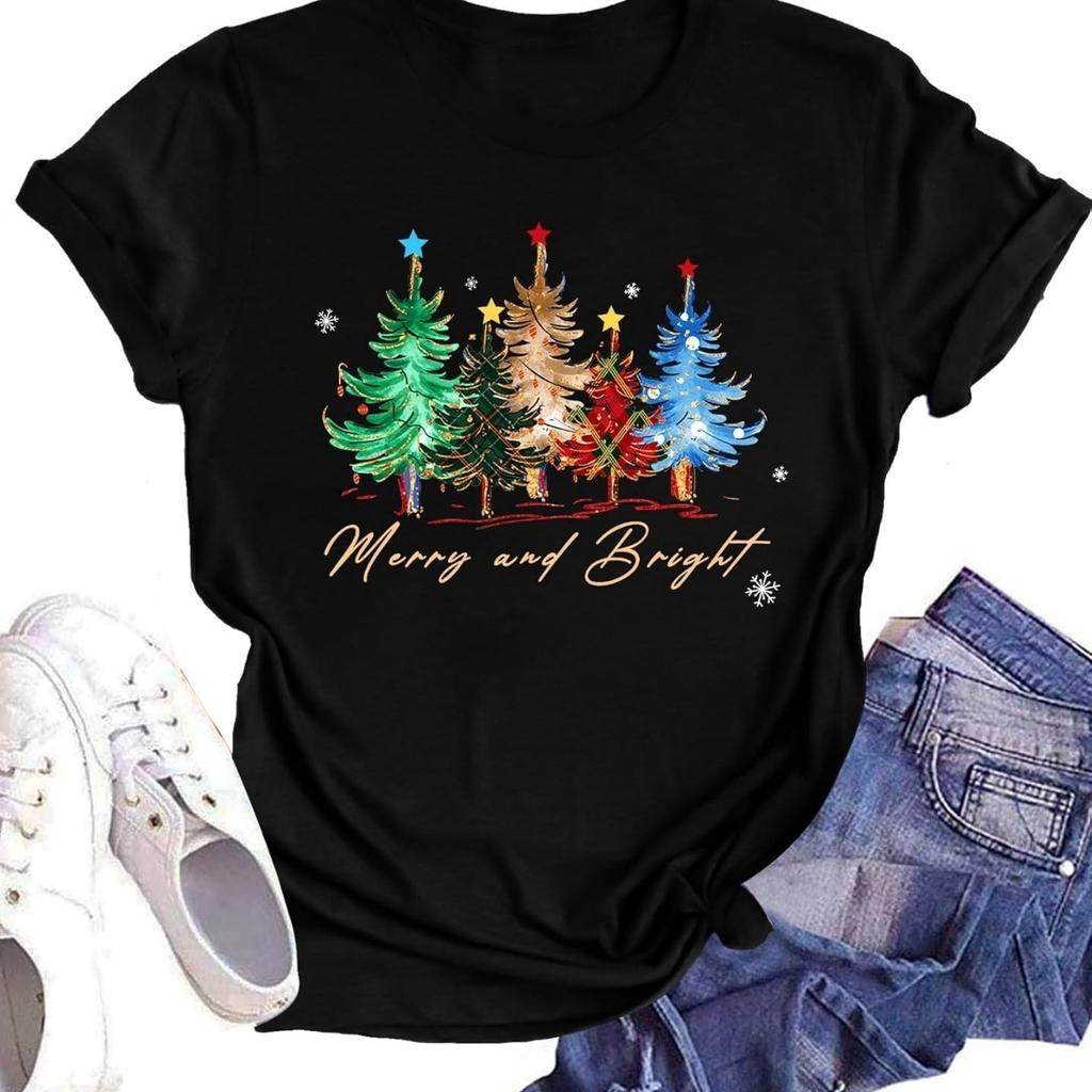Believe Christmas Shirt for Women Christmas Tree Graphic T-Shirts Believe Letter Print Tees Holiday Tops