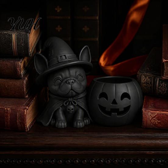 Halloween Party Table Decor French Bulldog Witch Statue, 3D Printed Pumpkin Candle Holder, Desktop Decoration Cute Dog Figurine Tabletop for