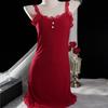 Women's Elegant Lace Trim Ribbed Nightdress Sleeveless V-Neck Button Decor Slip Dress Comfortable Sleepwear & Loungewear