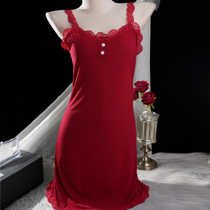 Women's Elegant Lace Trim Ribbed Nightdress Sleeveless V-Neck Button Decor Slip Dress Comfortable Sleepwear & Loungewear