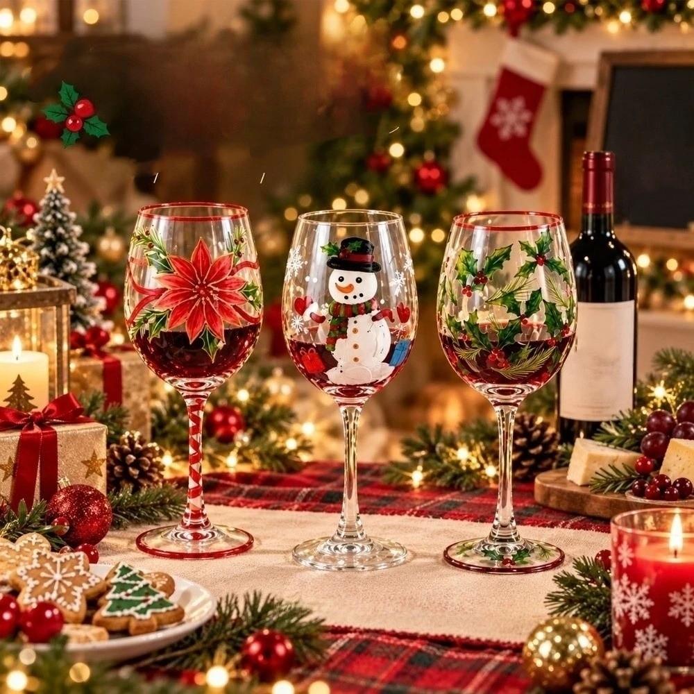Poinsettia Christmas Wine Glass 2D Hand Painted Red Wine Cup Clear Stemmed Cup Christmas