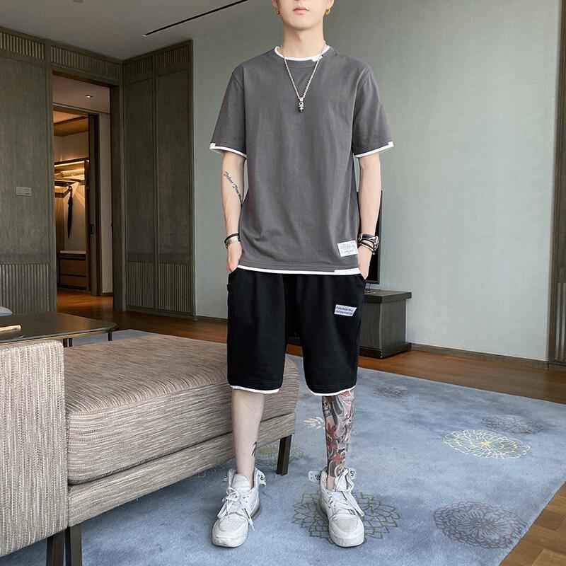 Men Two-piece Sets Sport Style Fashion Short-sleeved T-shirt Suit and Knee Length Short Pants Plus Size Men Clothing
