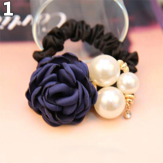 Mode Frauen Faux Perlen Rose Blume Haar Band Seil Scrunchie Pferdeschwanz Halter