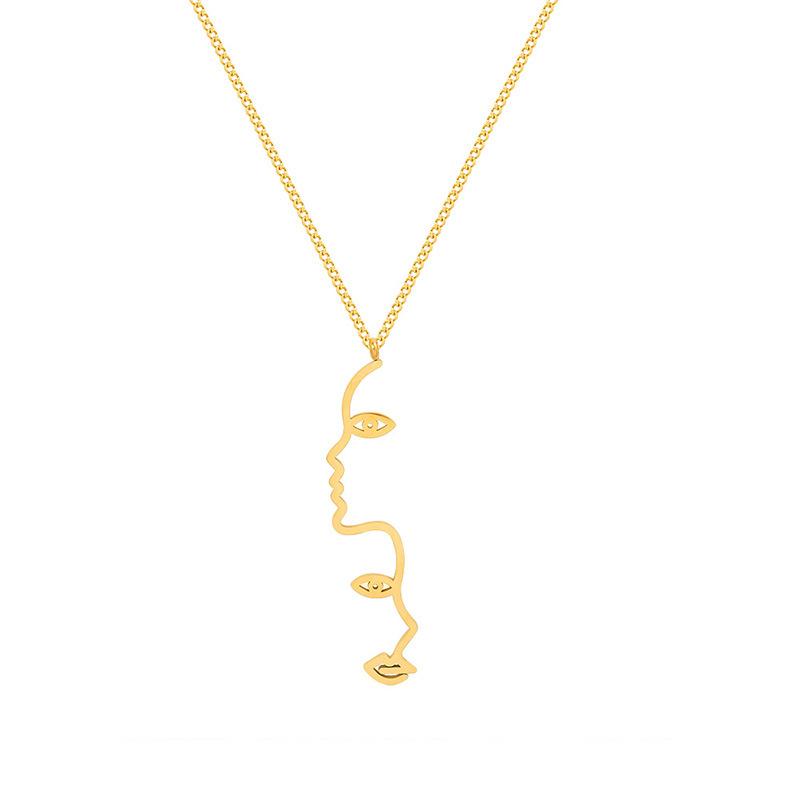 Style Exaggerated Personality Outline Face Pendant Necklace, Titanium Steel Plated 18K Real Gold Jewelry P086