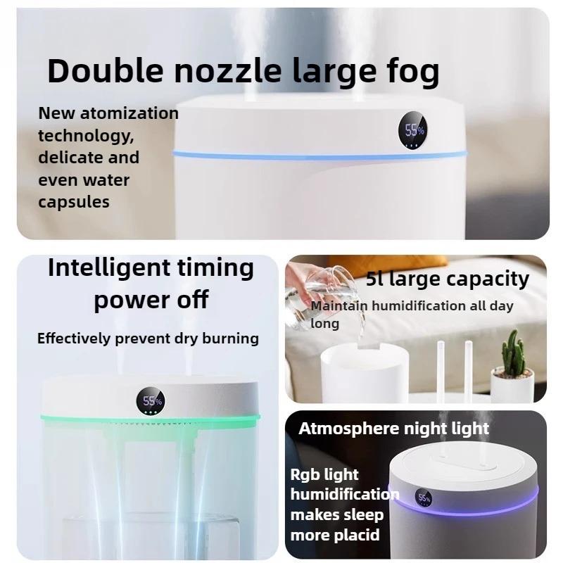 5L Large Capacity Double Spray Air Humidifier Usb Desktop Home Silent Bedroom Office Night Light Digital Display Humidifier