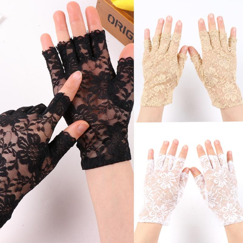 Sexy Spitzenhandschuhe ohne Finger für Damen Sonnenschutzhandschuhe Damen Fahrhandschuhe für Damen Halbfinger Atmungsaktive Fischgrät-Handschuhe