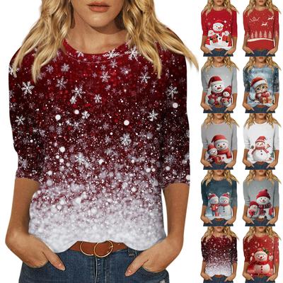 Moda feminina casual gola redonda manga 3/4 solta camiseta estampada de natal top feminino