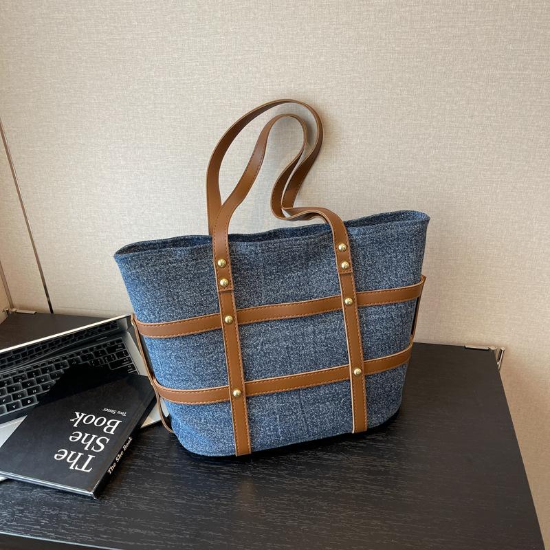 Contrast Color Denim Fabric Tote Bags Women Fashion Large Capacity Handbags Vintage Versatility Commute Shoulder Bags