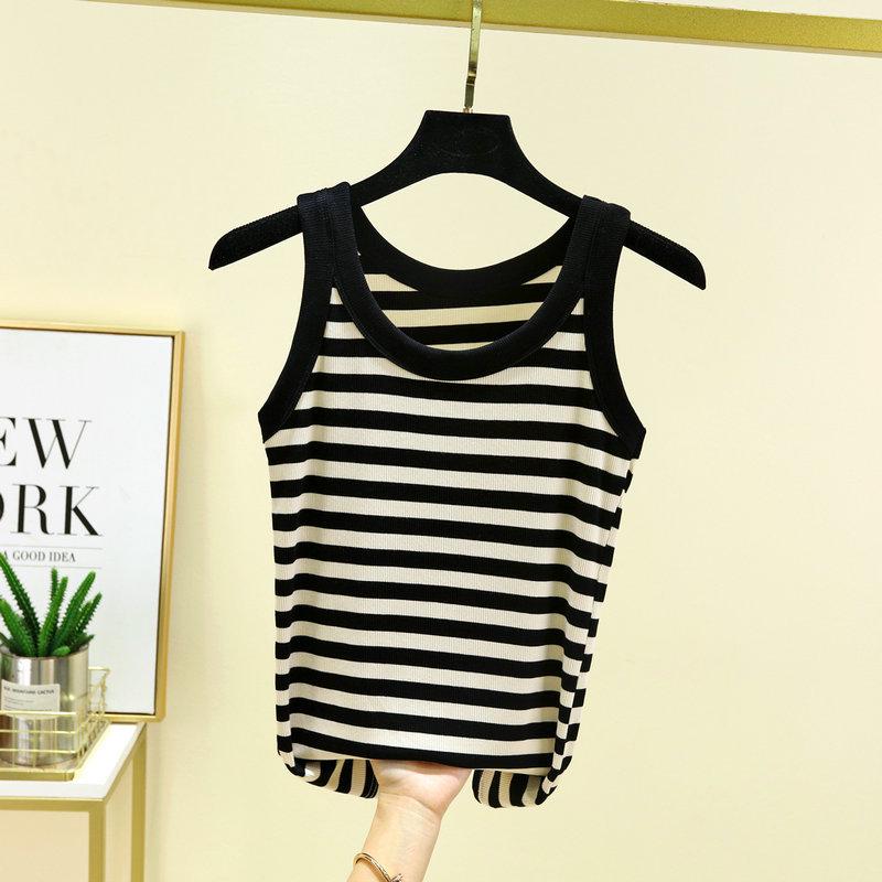Women's Black & White Striped Modal Cotton Camisole Vest - Sleeveless Top for Spring/Summer 2024.