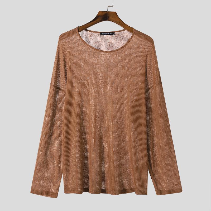 

INCERUN Весенние мужские полые топы с длинными рукавами, повседневные прозрачные вязаные пуловеры кофейный