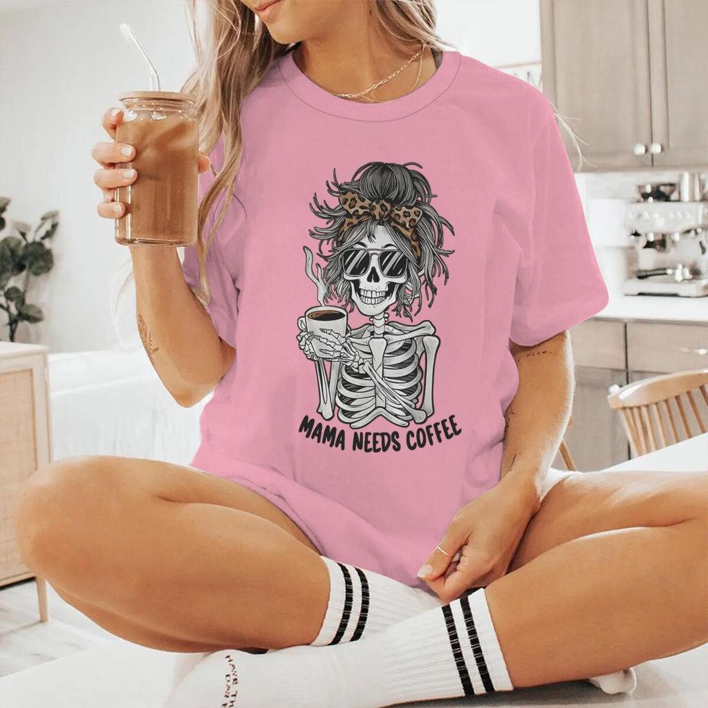 Mama Needs Coffee Vintage Womens Tshirts Fun Skeleton Coffee Print Graphic Short Sleeve T Shirt Casual Coffee Mom Tshirts Gift