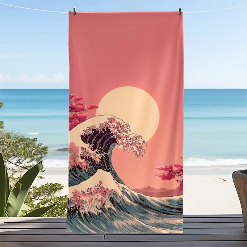 Purple Night Ocean Wave Beach Towel Large Soft Absorbent Towel Illustration Style Wave Cherry Blossoms Mount Fuji Print Towel