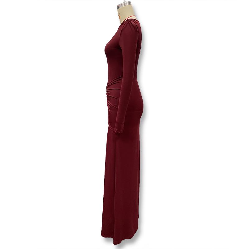 2025 Wine Red Slim Fit Knitted Long Dress with Metal Accents
