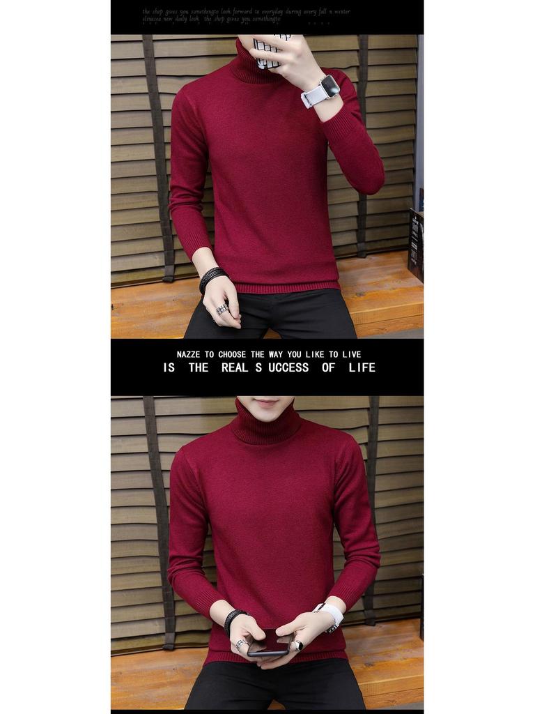 Men's Solid Color High Neck Thickened Knit Sweater - Cozy Autumn/Winter Base Layer
