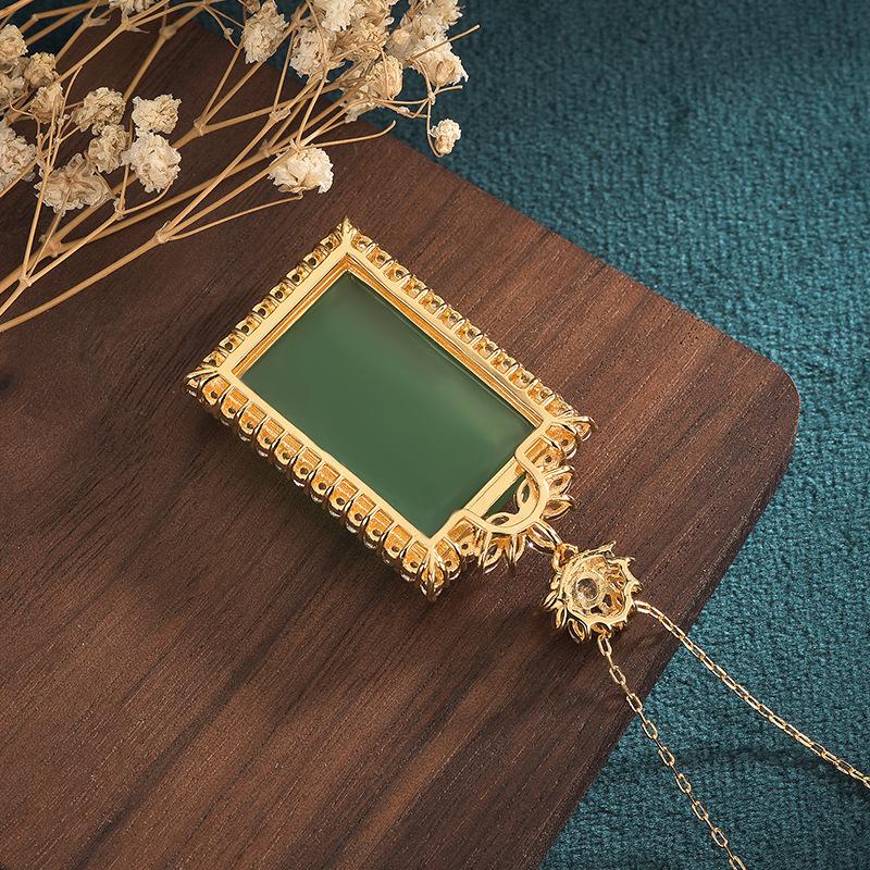 Aieryuan Chinese Ethnic Jade Pendant Necklace - Natural Green Chalcedony Peaceful Square for Men and Women