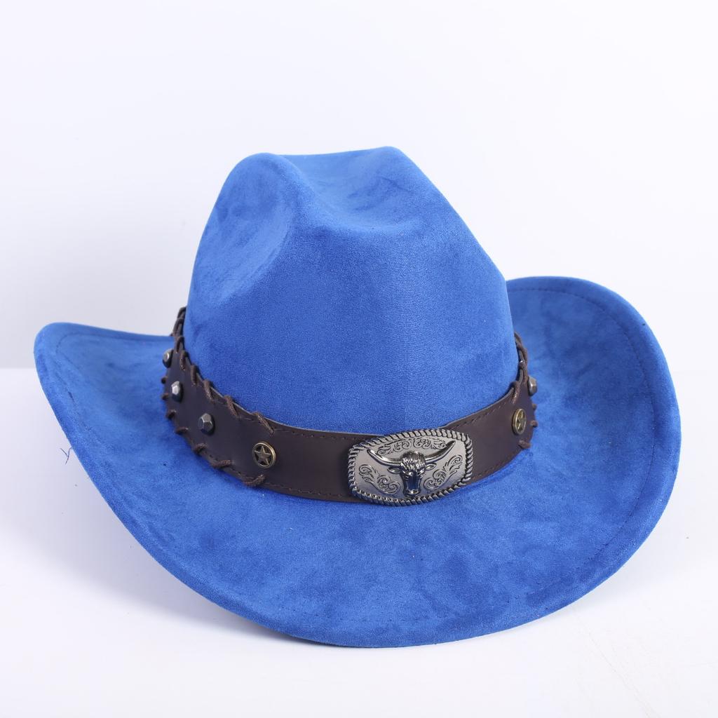 New western cowboy hat men's and women's wide-brimmed top hat bull head rivet belt buckle sun hat
