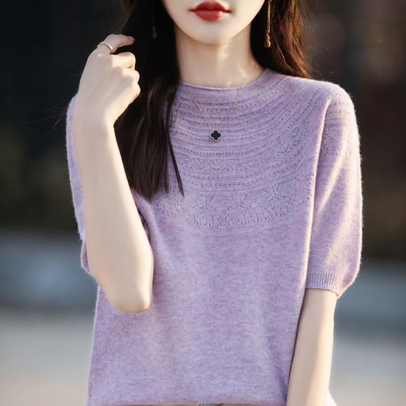 Knitted Short-sleeved T-shirt for Women In Summertime New Loose Pullover Sweater Large Size Round Neck Hollow Inner Layer Bottoming
