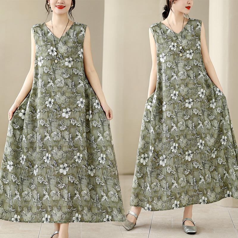 

DIMANAF New 2026 Women Plus Size Summer Beach Lady Long Dress Floral Print Loose Oversize Maxi Sundress Clothing Vest Sleeveless One size