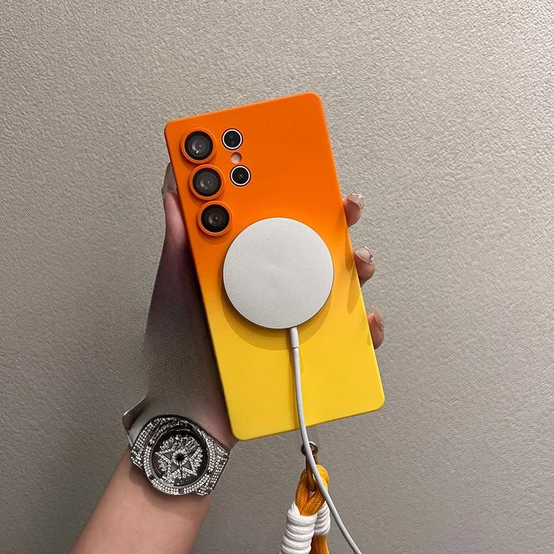 Luxusní pouzdro Magsafe s gradientní barvou pro Samsung Galaxy S25 S24 S23 S22 S21 Ultra S25 Plus Kryt z tekutého silikonu s měkkým řetízkem na ruku