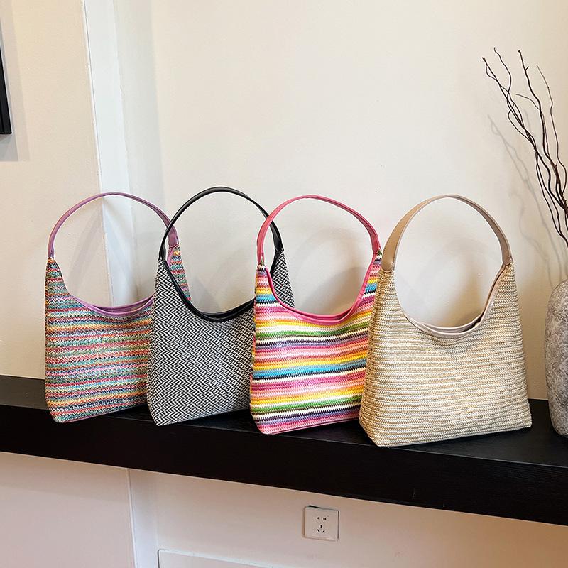 Dopamine Bag Rainbow Strip Summer Woven Straw Bag Shoulder Tote Bag Large Capacity Beach Vacation Armpit Bag