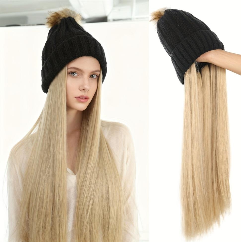 

Women s Winter Warm Long Straight Hair Wig Cap Knit Hat with Realistic Black Synthetic Fiber Hair for Cold Weather