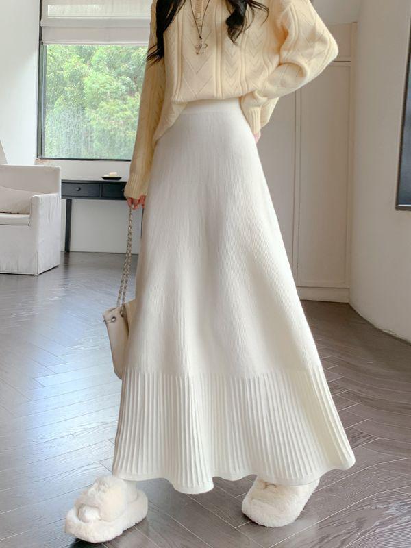 High-End Korean Style Women s Winter Pleated Knit Skirt - High-Waisted Slimming A-Line with Drape, Long Length Gray