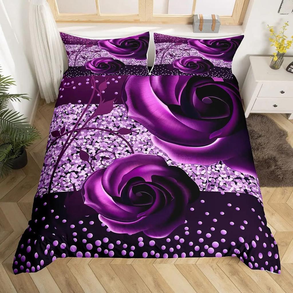 Comforter Purple Rose Queen Size Romantic Flowers Bedding Set Valentine'S Day Floral Comforter Set