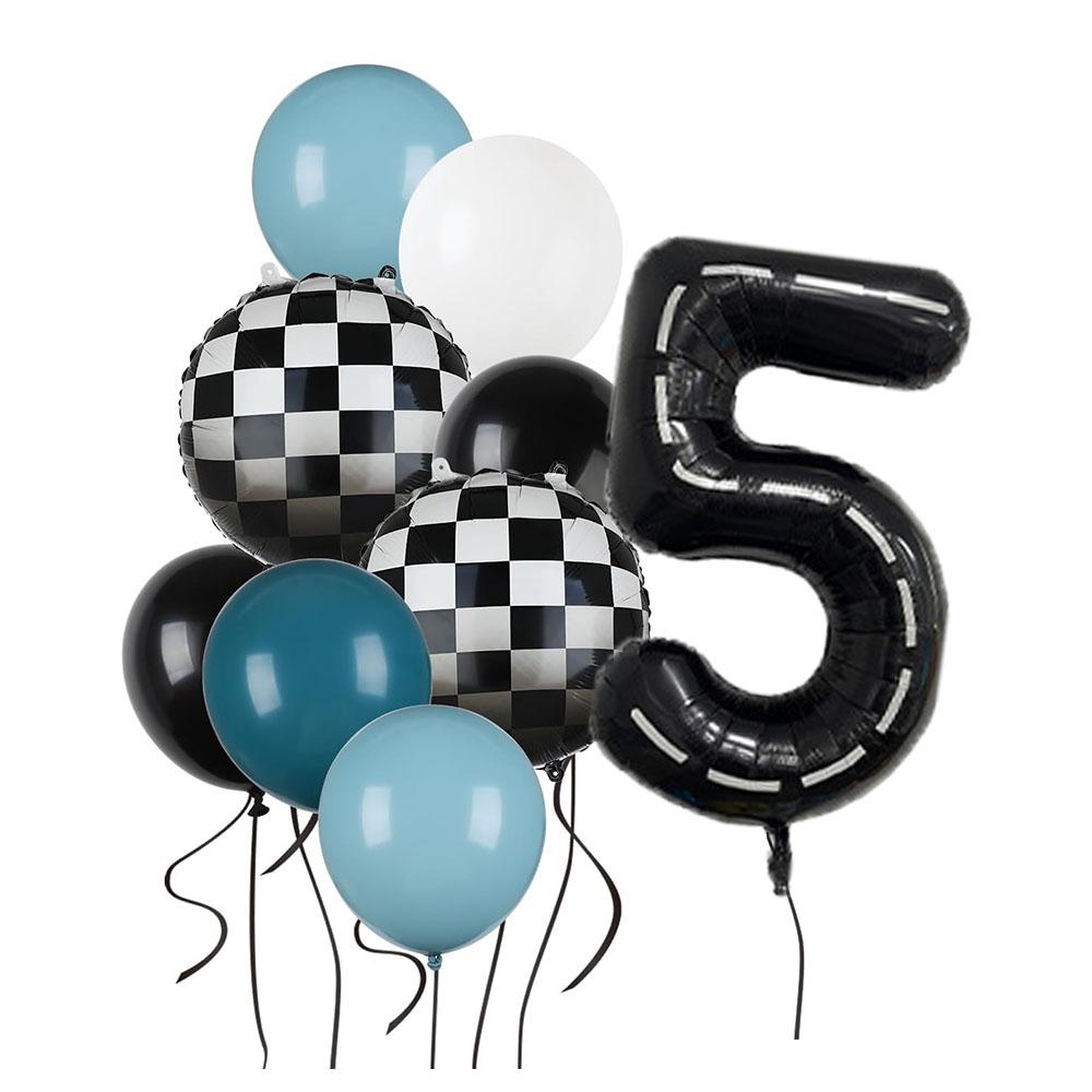 9pcs Race Car Balloons Set Checkered Balloon Blue Black Balloon Boys One Happy 1st 2nd Vintage Two Fast Theme Party Number Decor