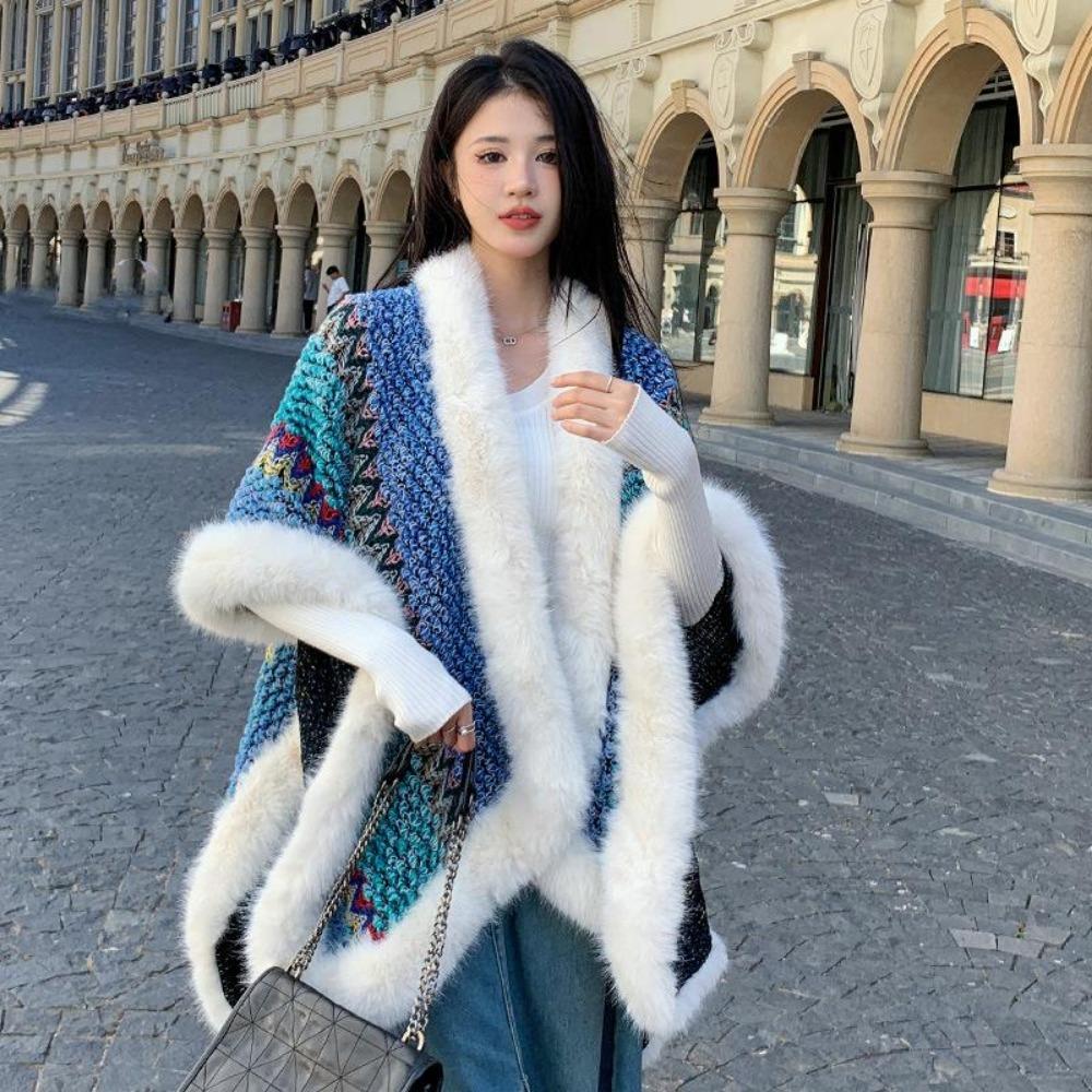 Schal im ethnischen Stil mit großem Pelzkragen und Reisekleidung für Damen im Herbst und Winter, warme Strickjacke, Cape-Schal, Flut