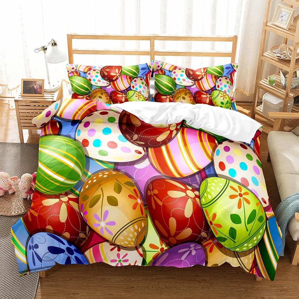 Happy Easter Duvet Eggs Rabbit Pattern Polyester Comforter Cover Festival Gifts for Kids Boys Girls Bedding Set with Pillowcase