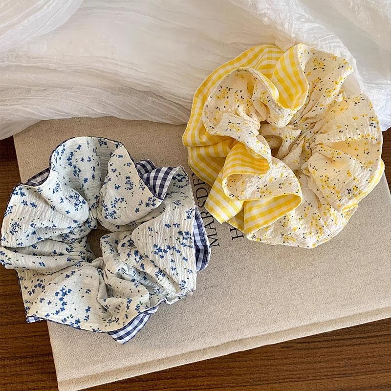 Vintage Stoff Karo Floral Scrunchie Für Frauen Französisch Großes Pferdeschwanz Seil Haargummi Elastisches Haarband Stirnband Haarschmuck
