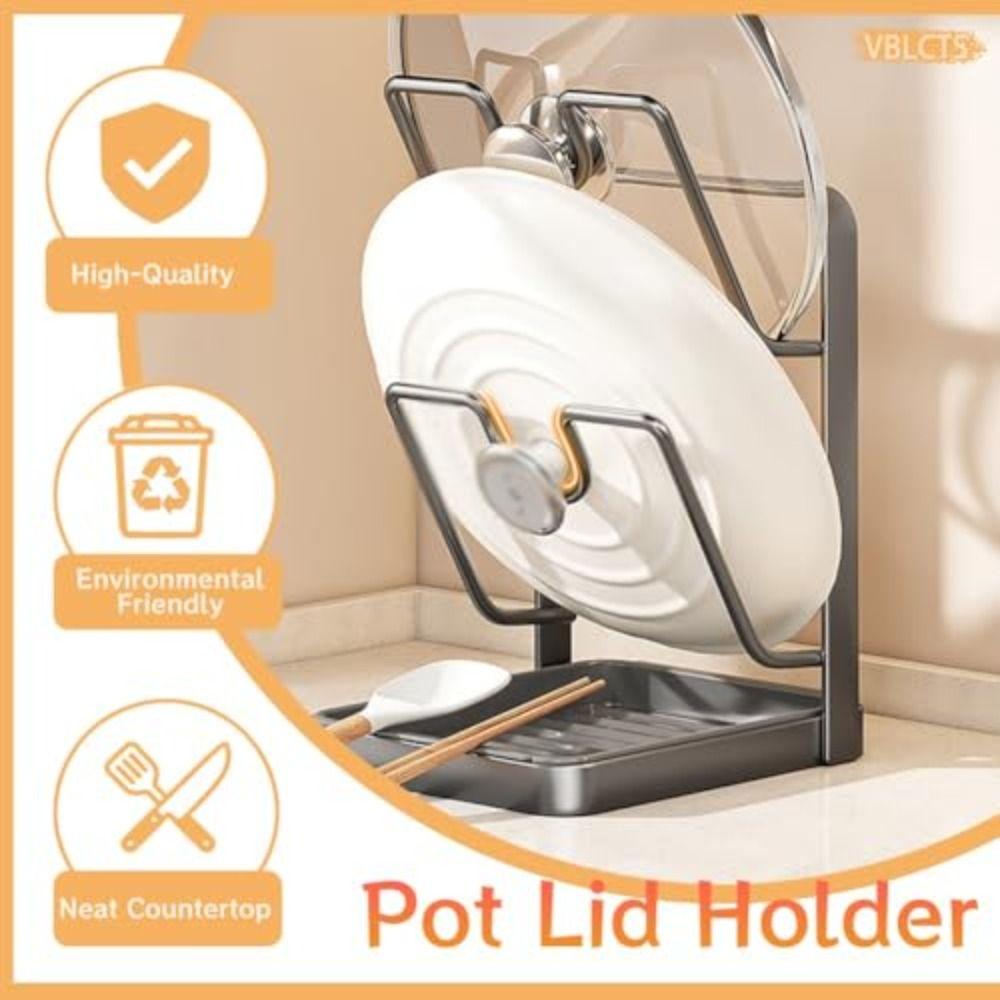 Multifunctional Kitchen Pot Lid Storage Rack with Removable Drip Tray Durable Kitchen Pot Lid Holder