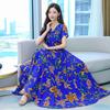 Printed Long Dress Summer Short Sleeve High Waist Mother Skirt Large Size V Neck Young Women's Skirt Summer